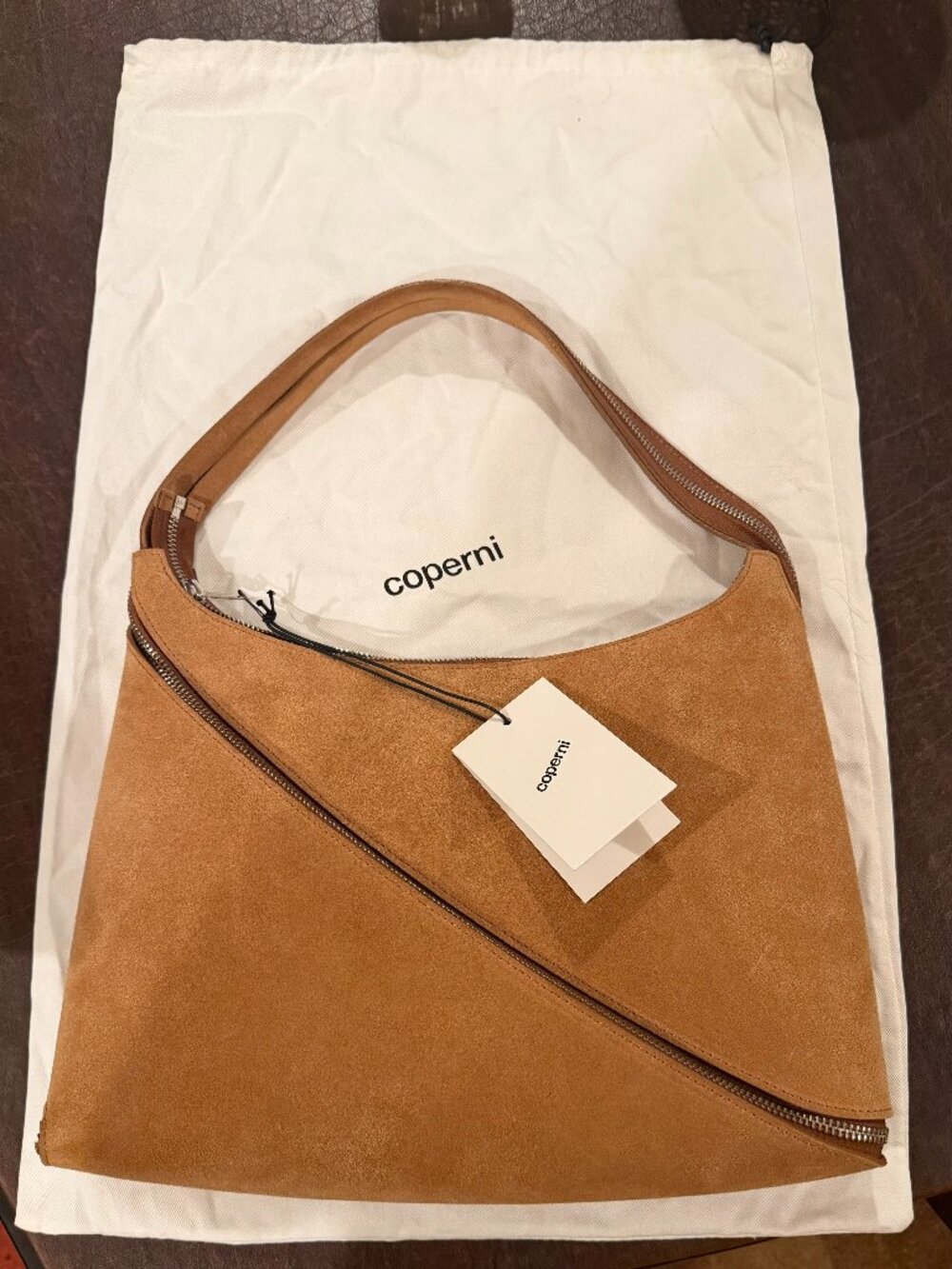 Coperni - DESIGNER - Suede Medium Zip Baguette Handbag Brown - NWT